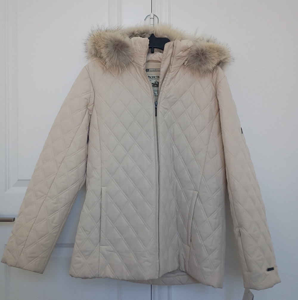 Pacific Trail Quilted Cream Hooded Ski Jacket with Faux Fur Trim